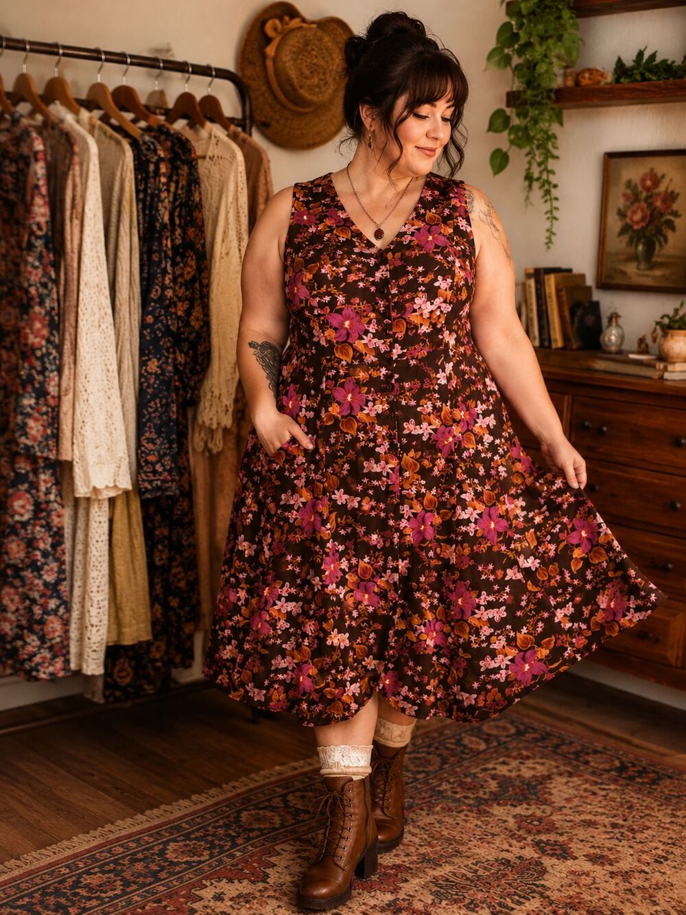Roaman's Vintage Y2K Boho Brown Floral Rayon Dress 18W Cottagecore Whimsigoth